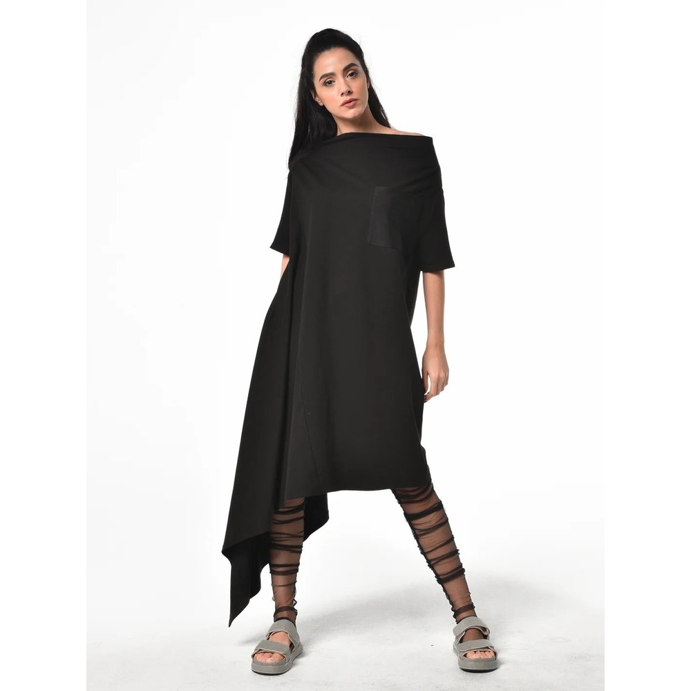 Metmorphoza Lagenlook Artsy Off Shoulder Asymmetric Midi Dress Black L